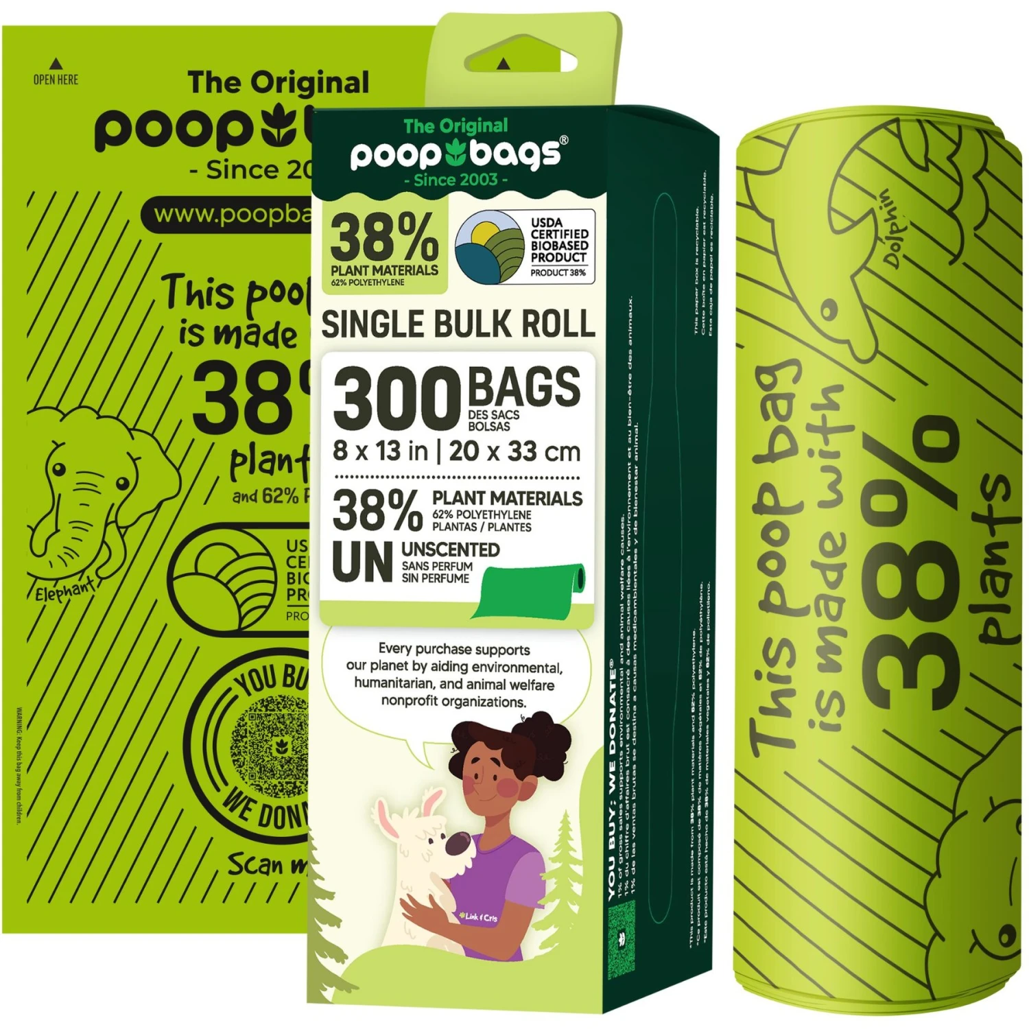 The Original Poop Bags USDA Biobased Bulk Roll, Green, Large, 300 Count
