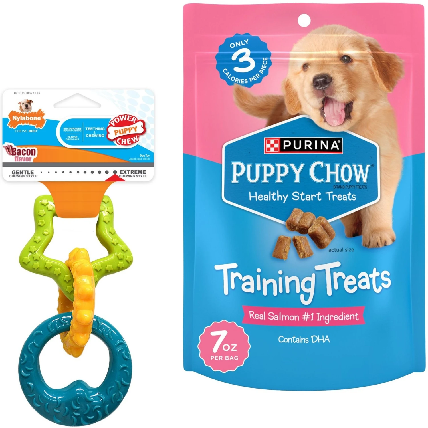 Nylabone Puppy Power Chew Teething Toy Rings Dogs Bacon Yellow & Puppy Chow Healthy Start Salmon Flavor Training Dog Treats