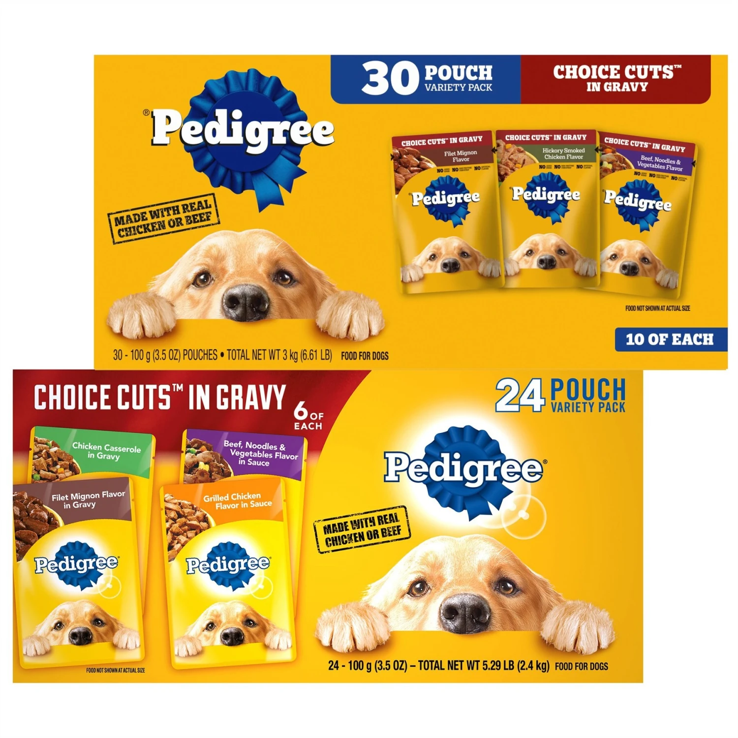 Pedigree Choice Cuts In Gravy Variety Pack Filet Mignon, Grilled Chicken, Chicken Casserole & Beef Noodle Adult Wet Dog Food Pouches & Pedigree Choice Cuts In Gravy Variety Pack Adult Wet Dog Food, 3.5-oz Pouch, Case Of 30