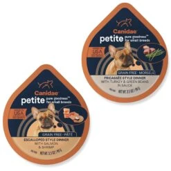 CANIDAE PURE Petite All Stages Small Breed Escalloped Style Dinner With Salmon & Shrimp Wet Dog Food Trays, 3.5-oz, Case Of 12 & CANIDAE PURE Petite All Stages Small Breed Fricassee Style Dinner With Turkey & Green Beans Wet Dog Food Trays, 3.5-oz, Case Of 12