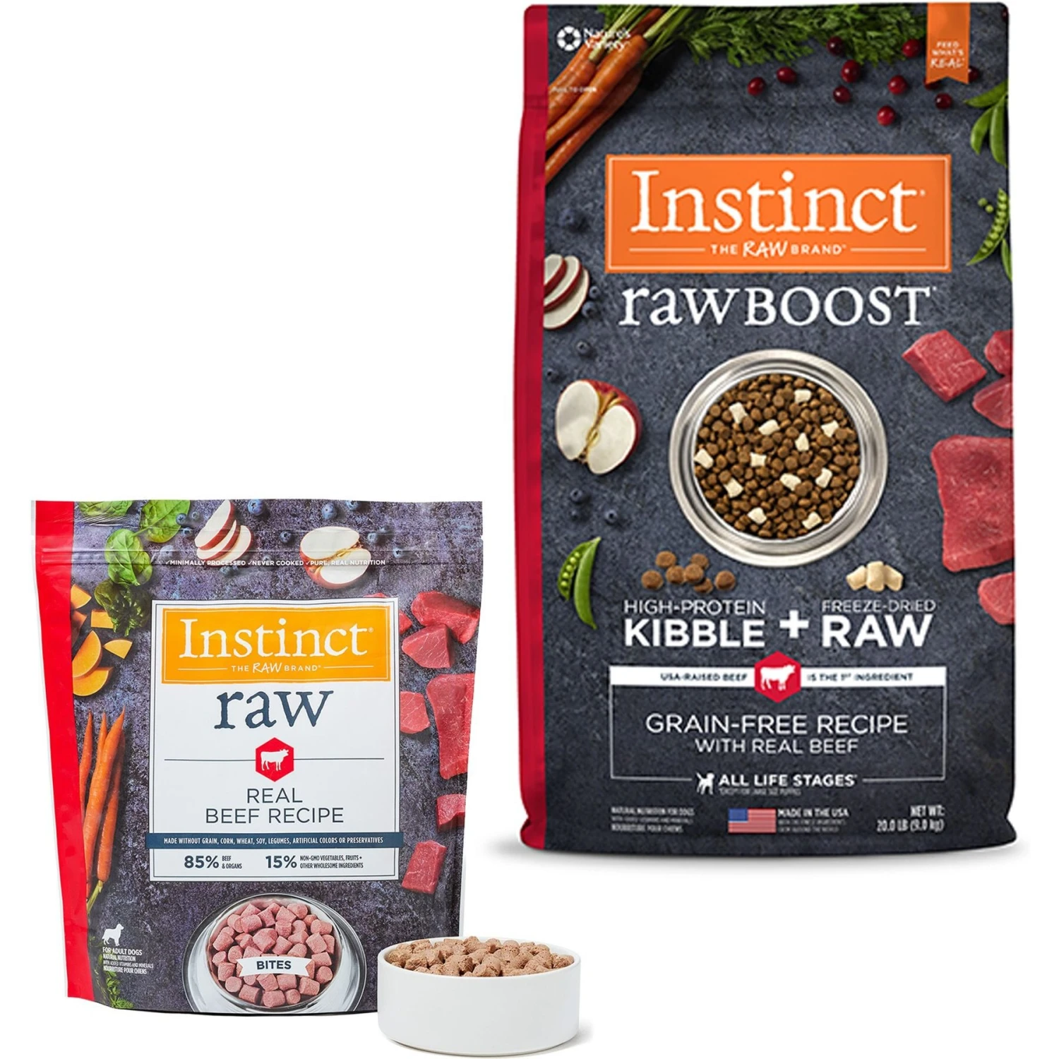 Instinct Raw Boost Grain-Free Recipe With Real Beef & Freeze-Dried Raw Pieces Dry Dog Food & Instinct Frozen Raw Bites Grain-Free Real Beef Recipe Dog Food