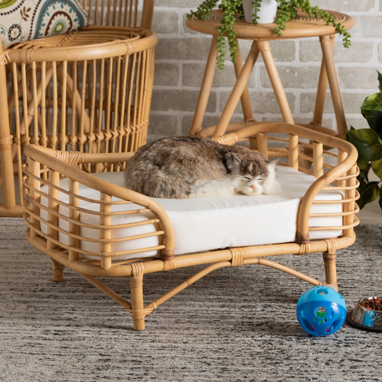 Bali & Pari Marcy Rattan With Cushion Dog & Cat Bed, Natural Brown & White - Image 7