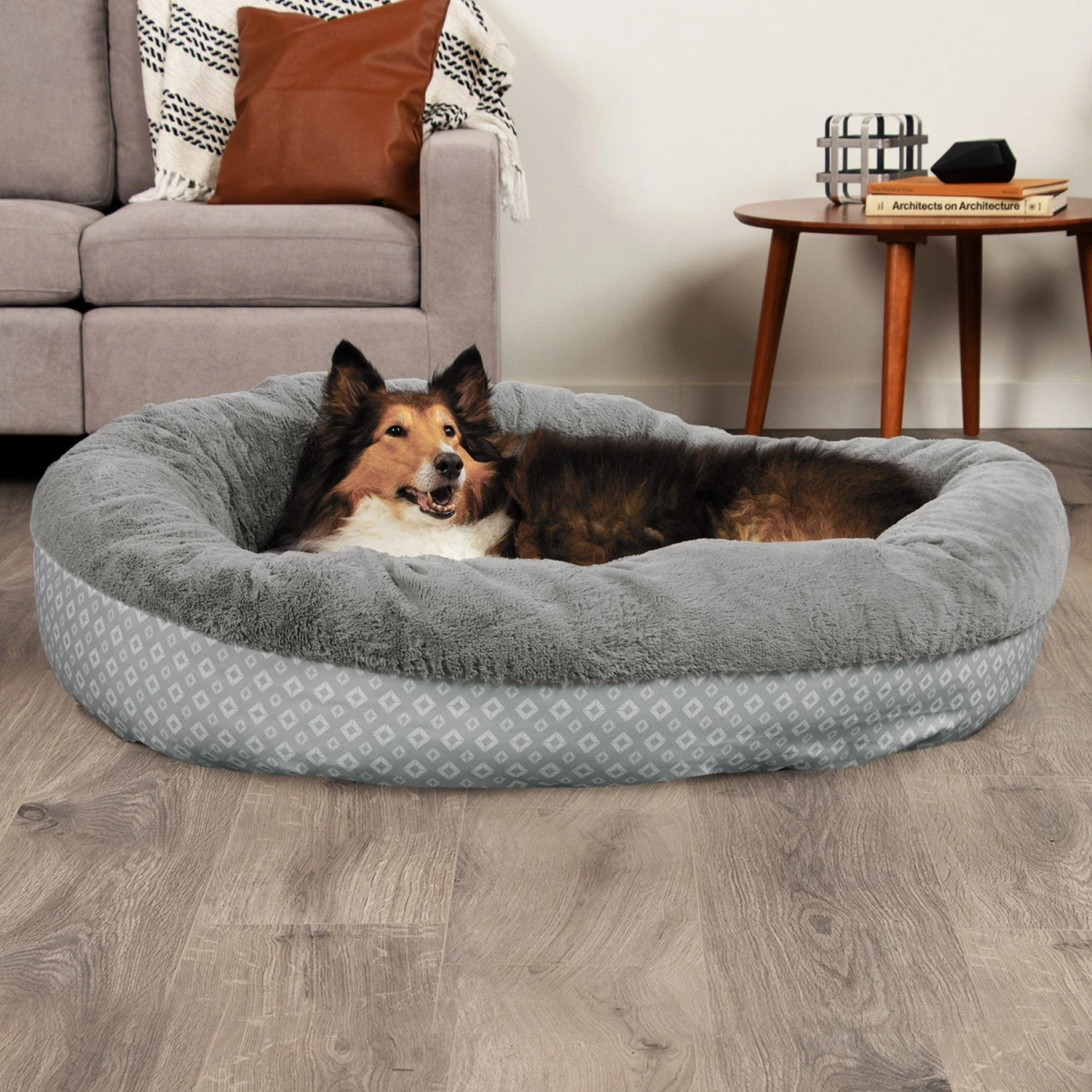 FurHaven Plush & Diamond Print Calming Donut Dog Bed