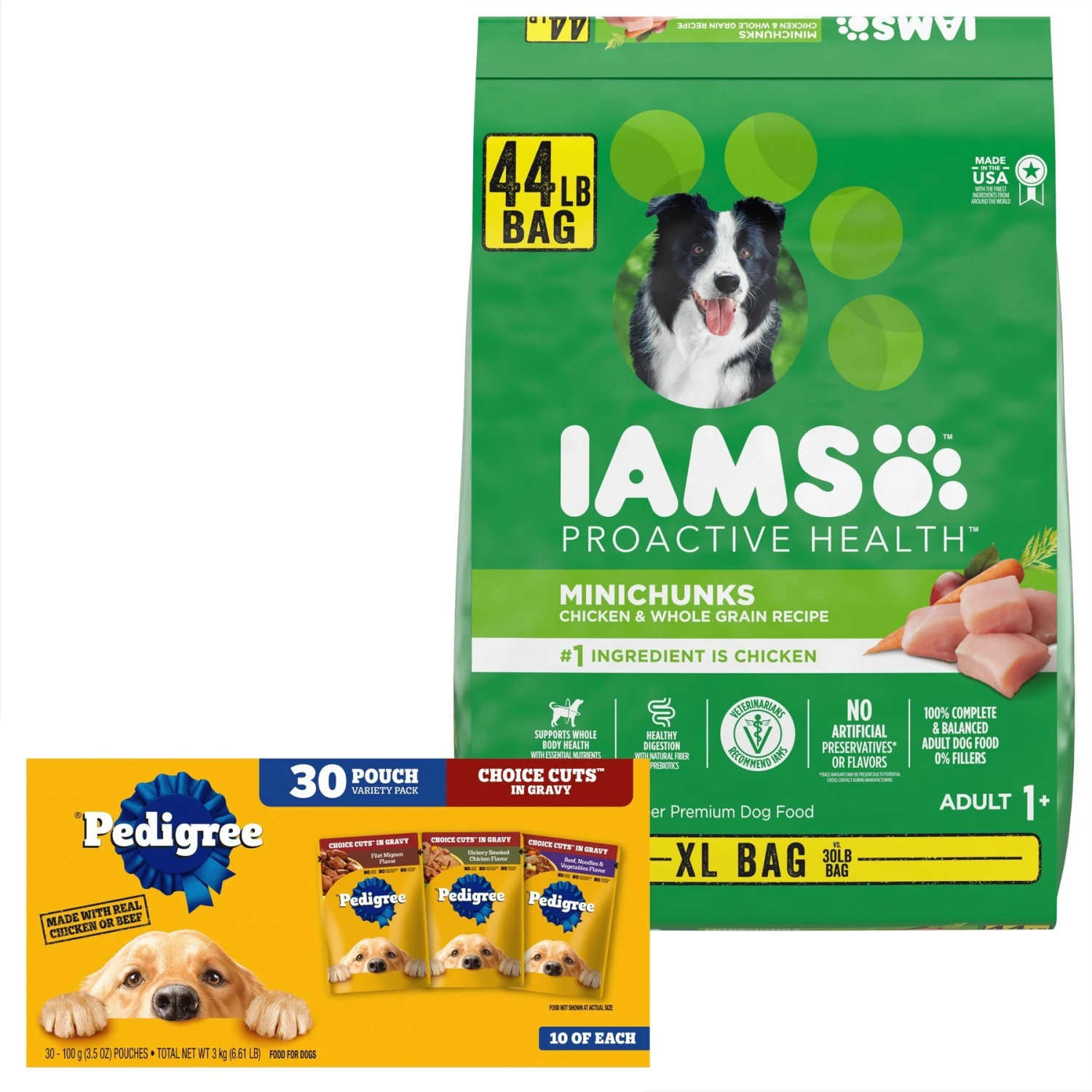 Iams Proactive Health MiniChunks Small Kibble Adult Chicken & Whole Grain Dry Dog Food & Pedigree Choice Cuts In Gravy Variety Pack Adult Wet Dog Food, 3.5-oz Pouch, Case Of 30