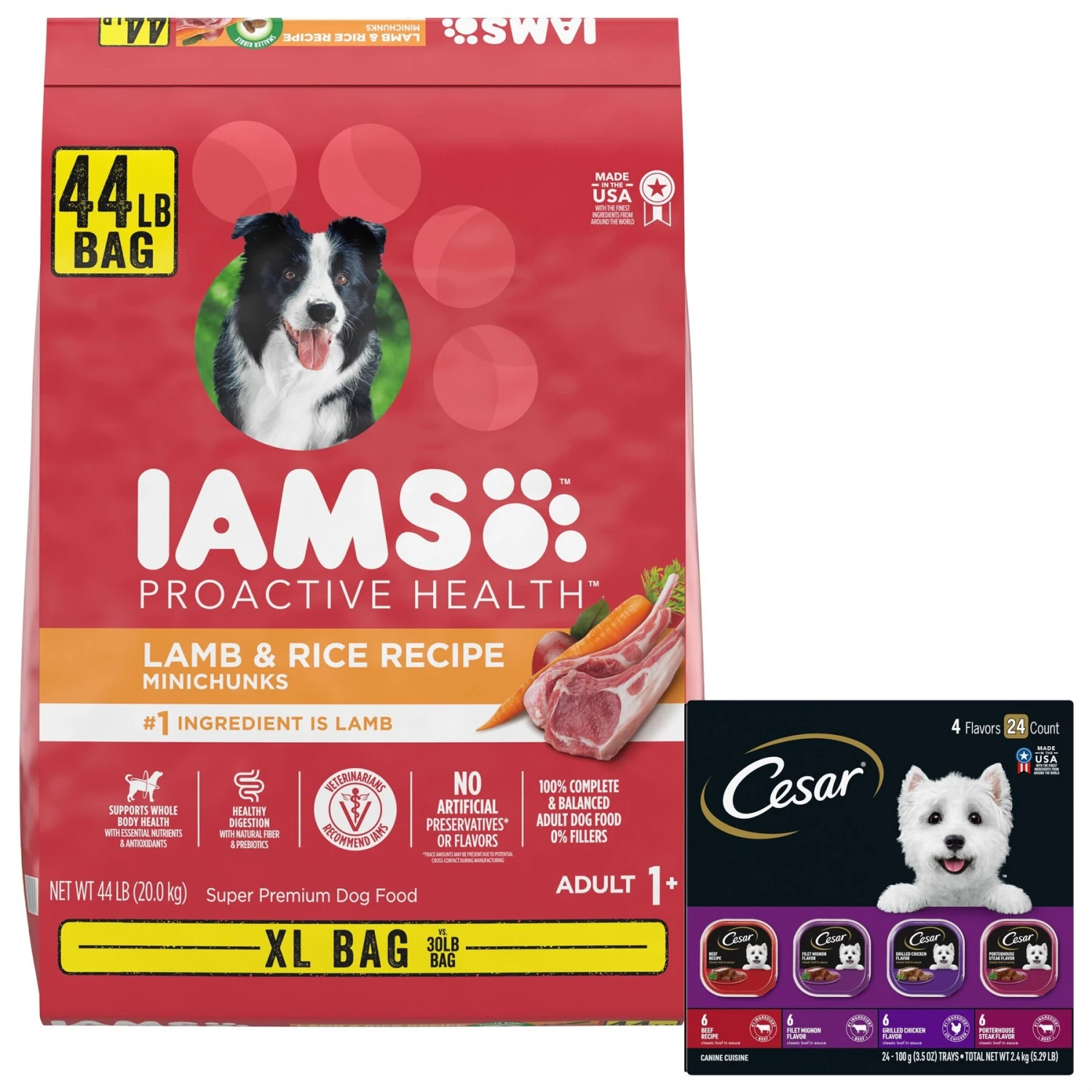 Iams Proactive Health Minichunks Small Kibble With Lamb & Rice Adult Dry Dog Food & Cesar Classic Loaf In Sauce Beef Recipe, Filet Mignon, Grilled Chicken & Porterhouse Steak Flavors Variety Pack Grain-Free Small Breed Adult Wet Dog Food Trays