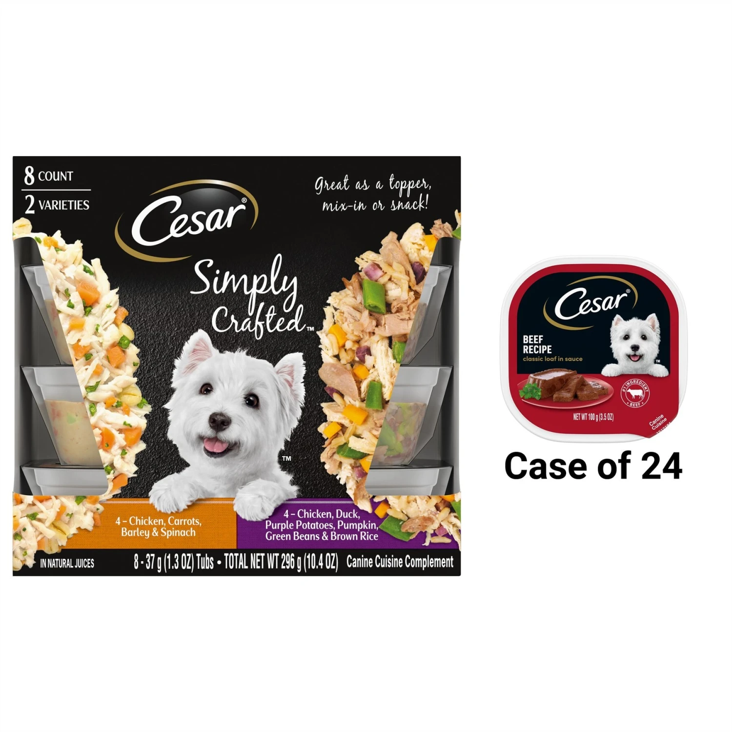 Cesar Classic Loaf In Sauce Beef Recipe Grain-Free Small Breed Adult Wet Dog Food Trays & Cesar Simply Crafted Chicken, Duck, Purple Potatoes, Pumpkin, Green Beans & Brown Rice & Chicken, Carrots, Barley & Spinach Variety Pack Adult Wet Dog Food Meal Topper