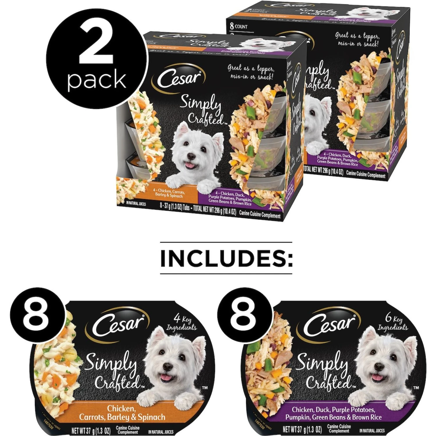 Cesar Classic Loaf In Sauce Beef Recipe Grain-Free Small Breed Adult Wet Dog Food Trays & Cesar Simply Crafted Chicken, Duck, Purple Potatoes, Pumpkin, Green Beans & Brown Rice & Chicken, Carrots, Barley & Spinach Variety Pack Adult Wet Dog Food Meal Topper - Image 7