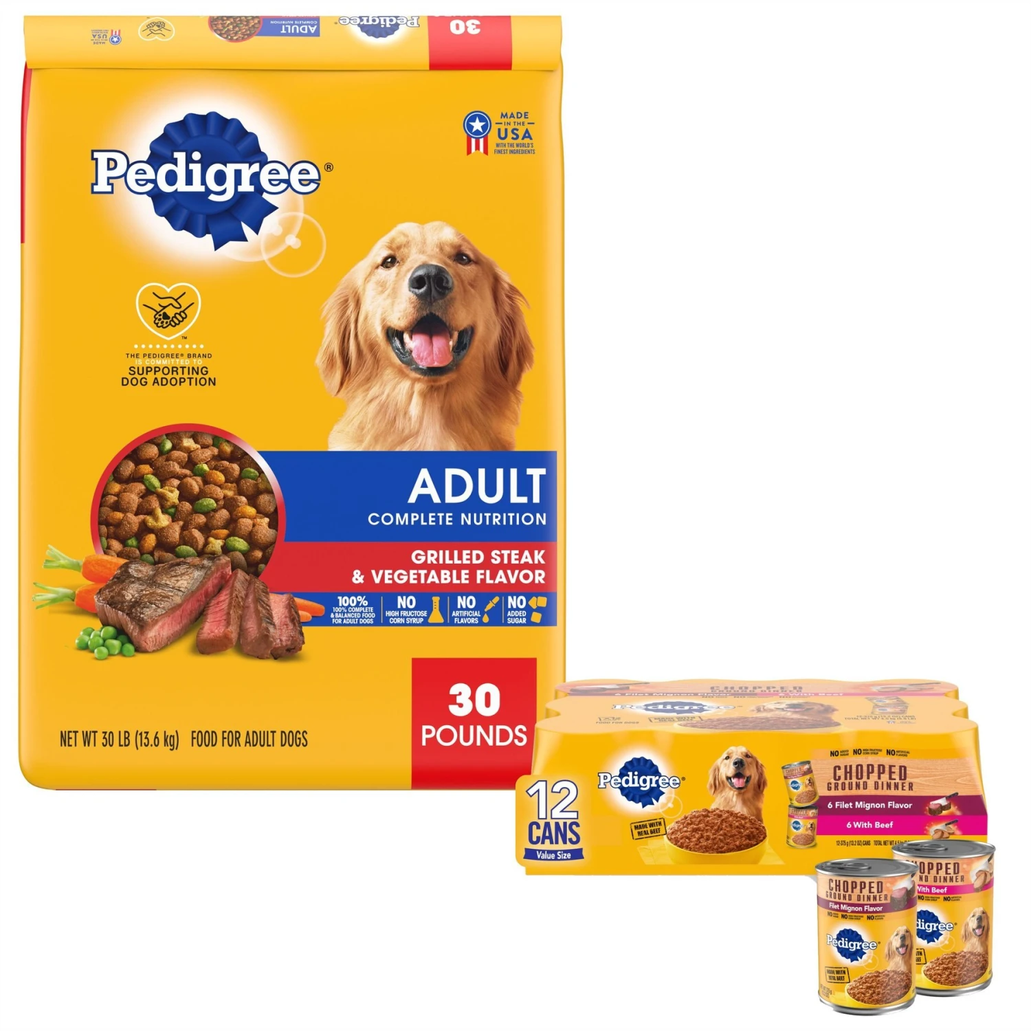 Pedigree Complete Nutrition Grilled Steak & Vegetable Flavor Dog Kibble Adult Dry Dog Food & Pedigree Chopped Ground Dinner Filet Mignon Flavor & Beef Adult Canned Wet Dog Food Variety Pack